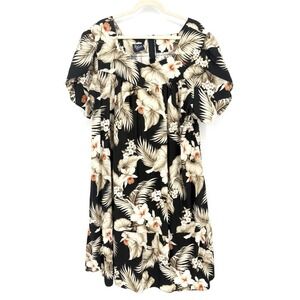 Vtg Royal Creations Hawaiian Muumuu Dress 4XL Black Floral Tulip Sleeve Pocket